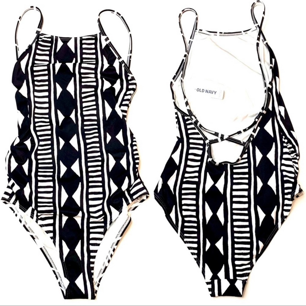 Old Navy Harlequin Black Diamond Stripe Low Back One Piece Swimsuit NWT S